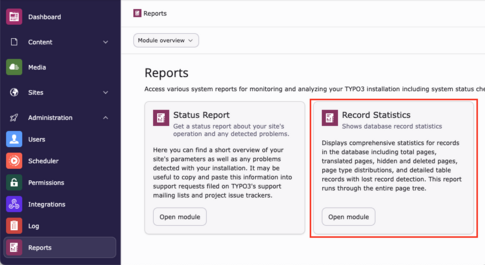 TYPO3 14 Records Statistics → Reports