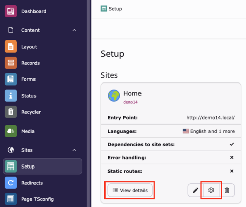 TYPO3 14 Site Management's Settings to Sites View 2