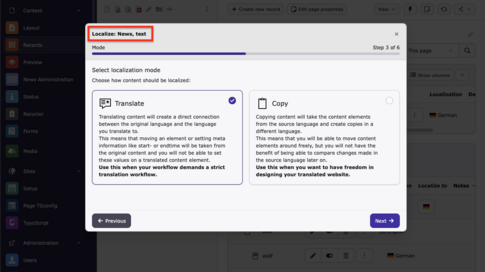 TYPO3 14 Translation Wizard record