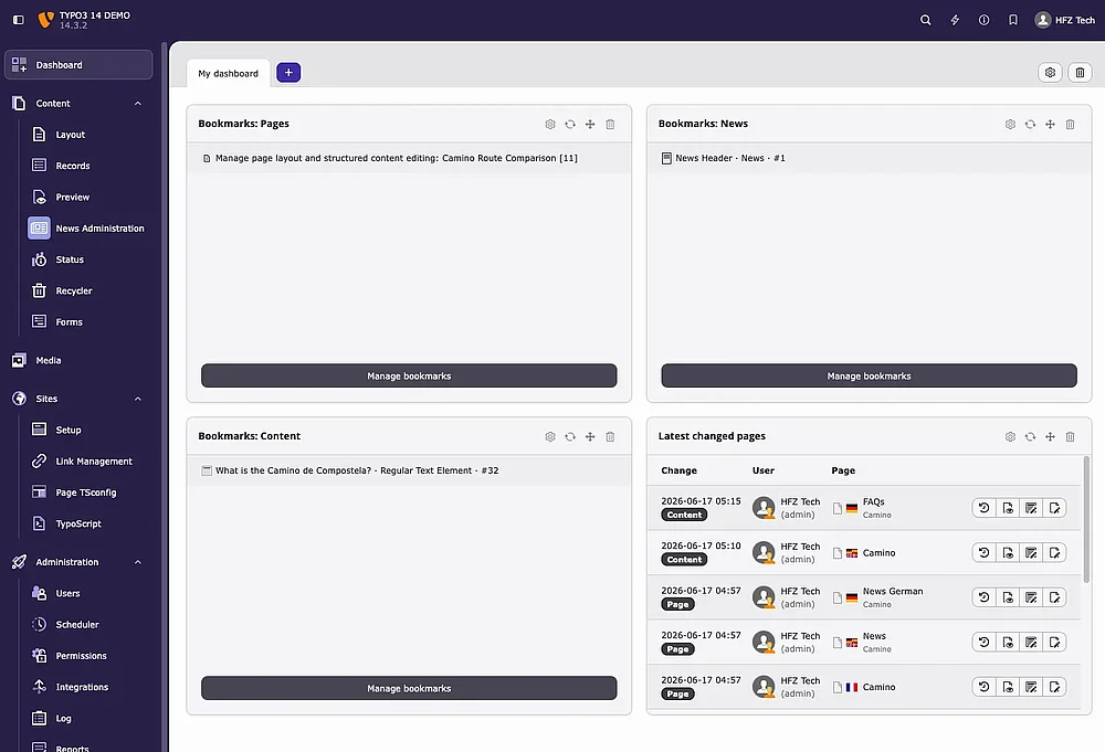 TYPO3 14 Bookmark Dashboard widget