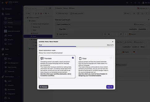 TYPO3 14 Translation Wizard record