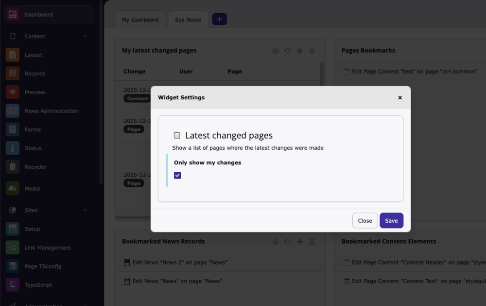 TYPO3 14 Latest Changed Pages Option