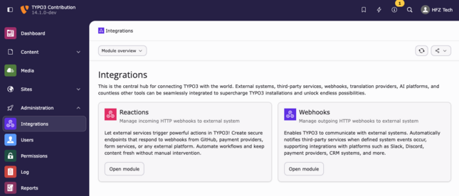 TYPO3 14 Administration → Integrations