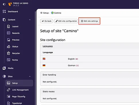 TYPO3 14 Site Management's Settings to Sites