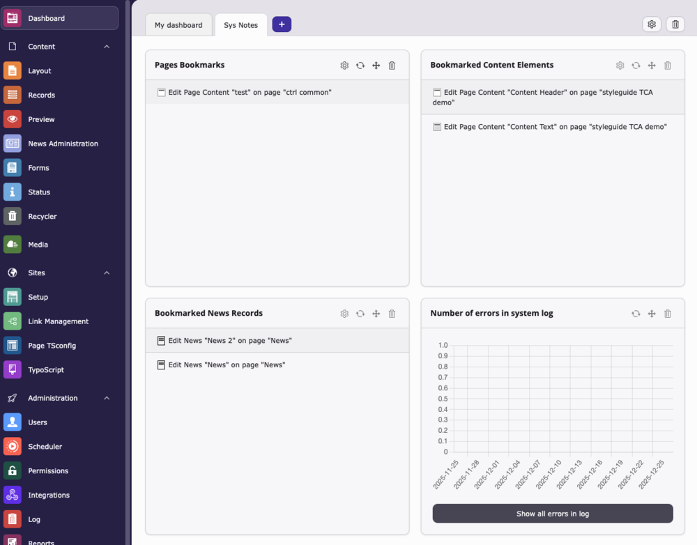TYPO3 14 Bookmark Dashboard widget