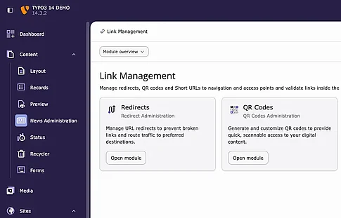 TYPO3 14 Link Management QR Codes Module