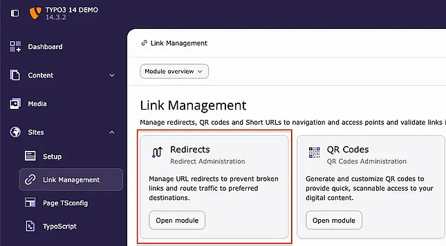 TYPO3 14 Site Management → Redirect to Sites → Link Management