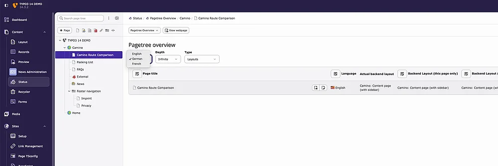 Language Selection in Page Tree Overview
