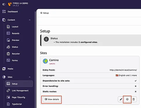 TYPO3 14 Site Management's Settings to Sites View 2