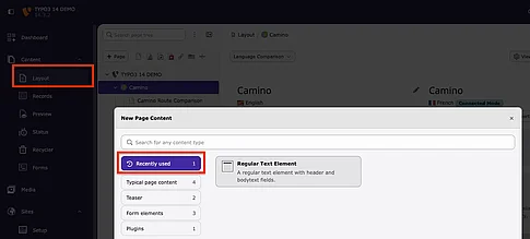 TYPO3 14 Recently Used in Content Element Wizard