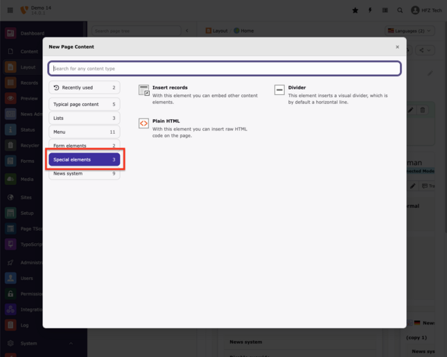 TYPO3 14 Last Used Content category in Content Element Wizard