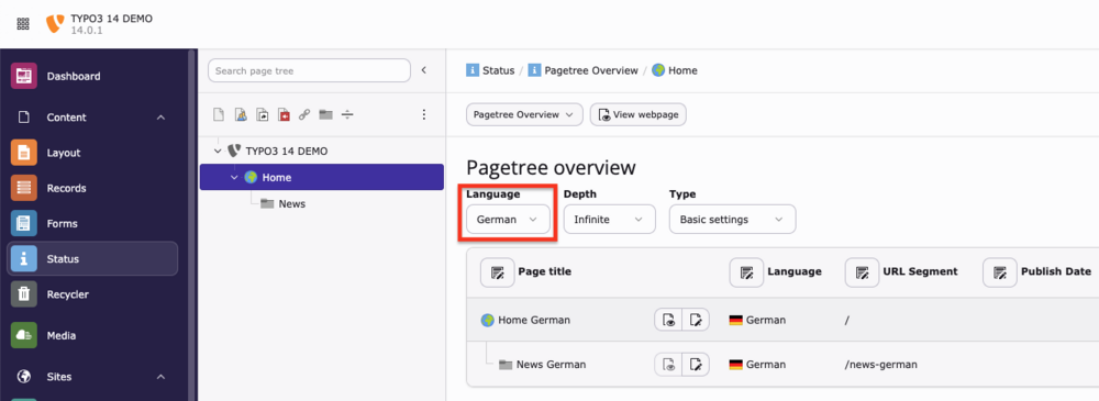 Language Selection in Page Tree Overview