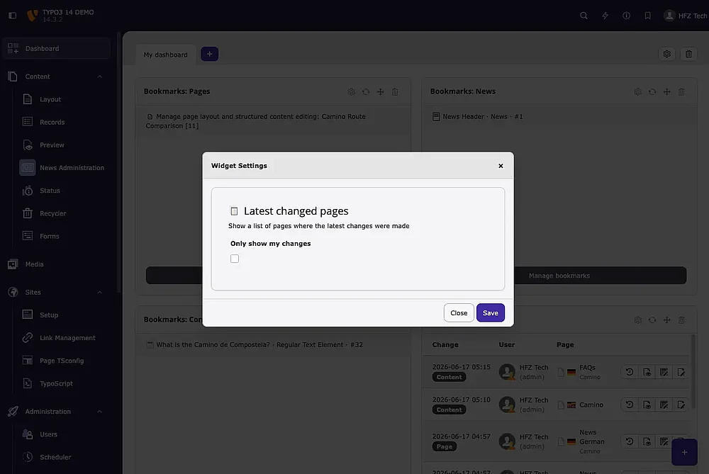 TYPO3 14 Latest Changed Pages Option