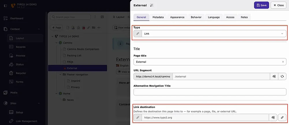 TYPO3 14 External Link to Link doktype