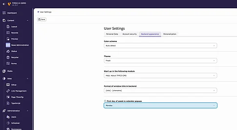 TYPO3 14 Calendar Day Start settings