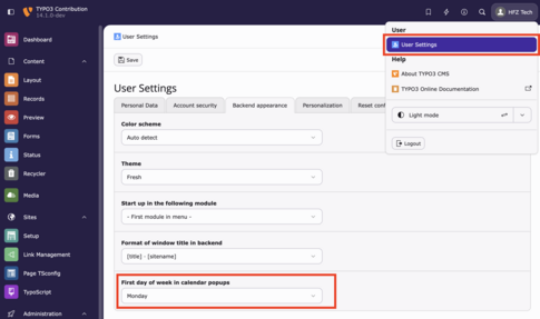 TYPO3 14 Calendar Day Start settings