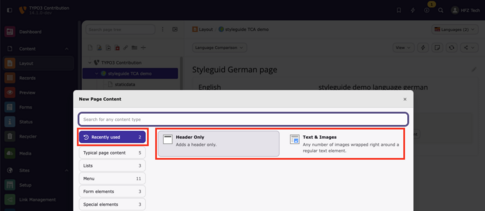 TYPO3 14 Recently Used in Content Element Wizard