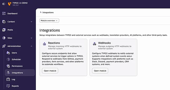 TYPO3 14 Reactions, Webhooks > Administration → Integrations