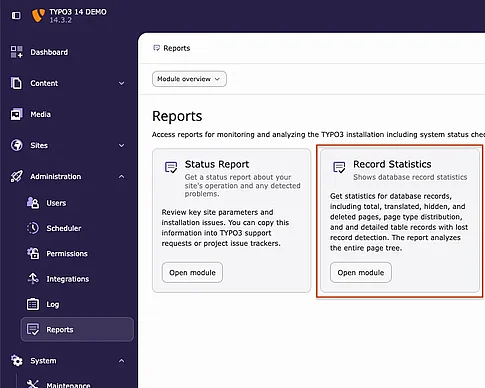 TYPO3 14 Records Statistics → Reports