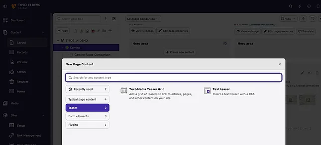 TYPO3 14 Last Used Content category in Content Element Wizard
