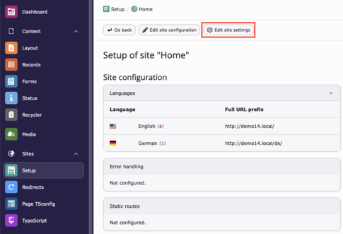 TYPO3 14 Site Management's Settings to Sites