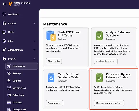 TYPO3 14 Manage Reference Index → Maintenance